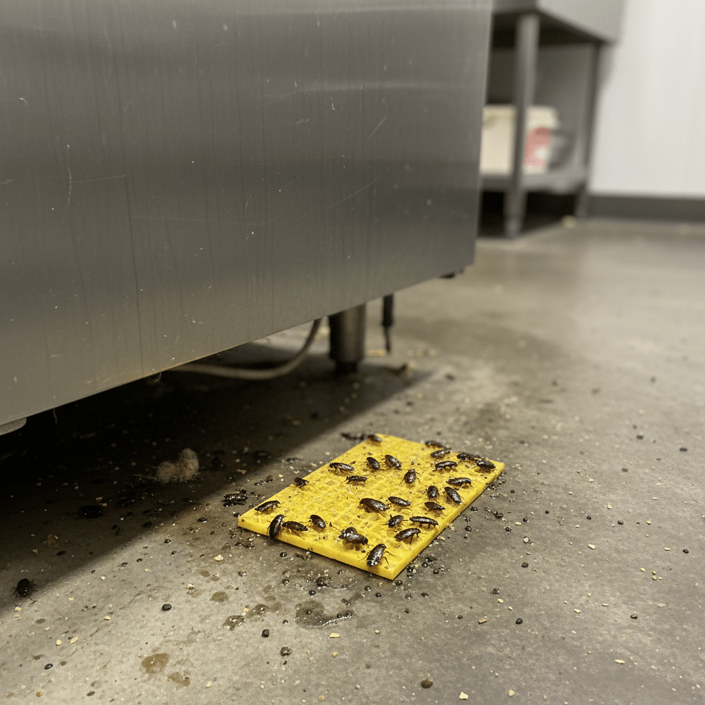 Hinterseite eines Industriekühlschranks mit Klebefalle und Kakerlaken