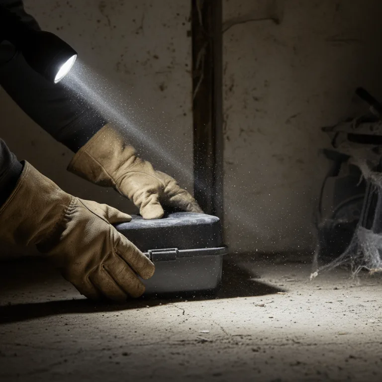 Nahaufnahme von Händen eines Kammerjägers in Arbeitshandschuhen, der eine Köderbox prüft