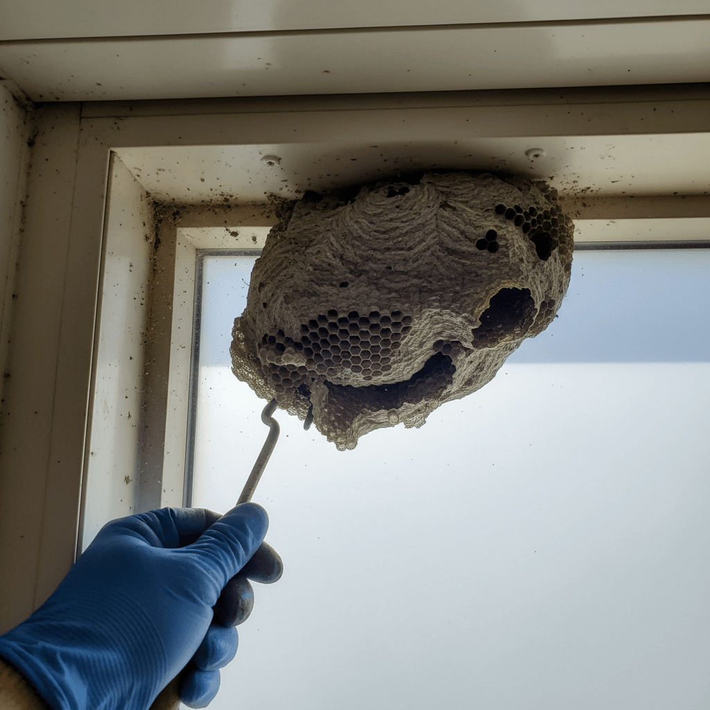 Geöffneter Rolladenkasten mit einem großen Wespennest darin, Technikerhand sichtbar